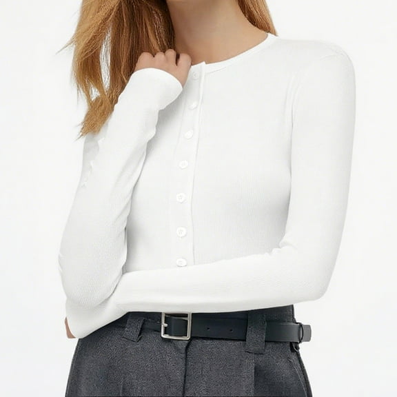 ITSAME Long Sleeve Shirts for Womens, Solid Stretch Slim Fit Crewneck Buttons Spring Fall Knitted Tops White L