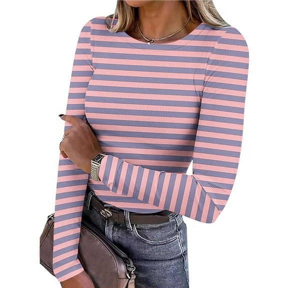 ITSAME Long Sleeve Shirts for Womens, Striped Crew Neck Stretch Fit Casual Pullover Tops Pink XL