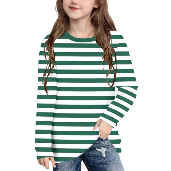 ITSAME Long Sleeve T-Shirt for Girls, Striped Print Round Neck Loose Fit Kids Fashion Casual Pullover Tops Green Size 13T