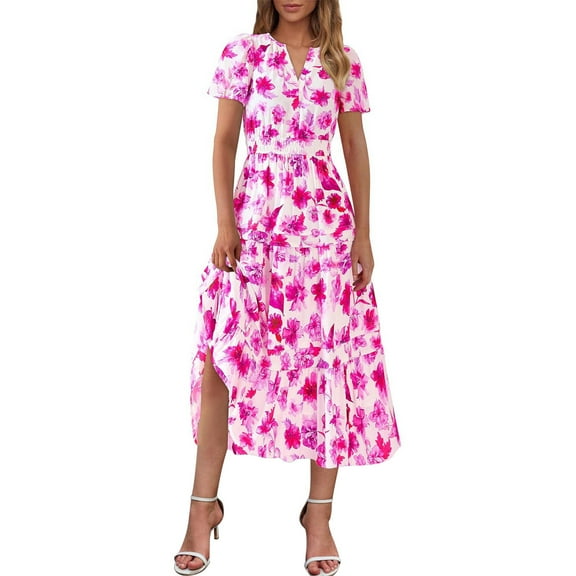 ITSAME Maxi Dress for Womens, Short Sleeve Floral V Neck Summer Pleated Beach Dress Hot Pink XL