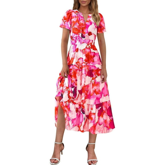 ITSAME Maxi Dress for Womens, V Neck Floral Short Sleeve Summer Flowy Beach Dress Red XL