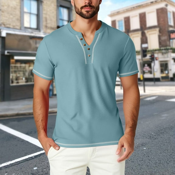 ITSAME Men's Henley T-Shirt, Classic Fit Short Sleeve Summer Breathable Lightweight Casual Tee Light Blue 2XL