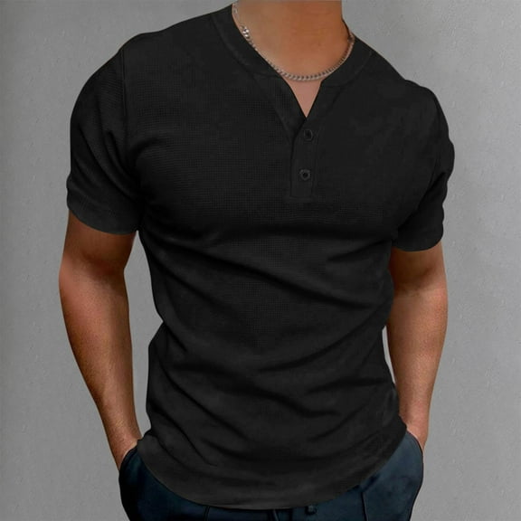 ITSAME Men's Henley T-Shirt, Classic Fit Solid Color Short Sleeve Summer 2025 Casual Fashion Tee Black S