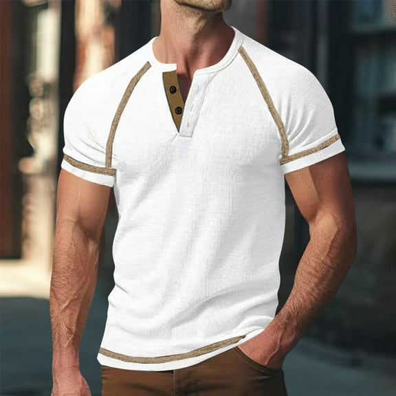 ITSAME Men's Henley T-Shirt, Short Sleeve Classic Fit Trendy Button Crew Neck Summer Casual Tee White 3XL