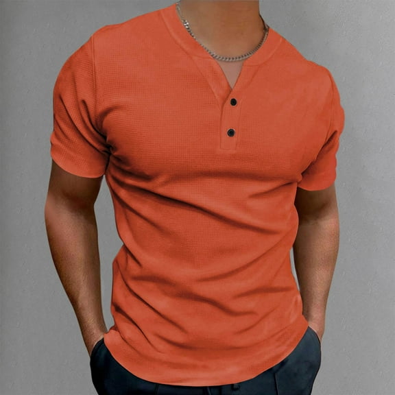 ITSAME Men's Henley T-Shirt, Solid Color Short Sleeve Classic Fit Summer 2025 Casual Fashion Tee Orange XL
