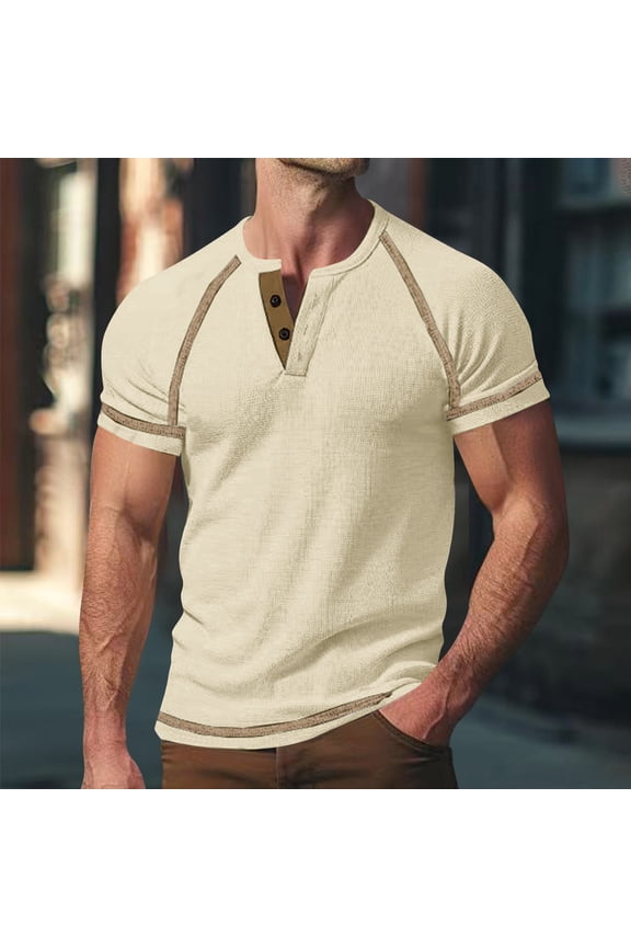 Men's Henley T-Shirt, Trendy Button Crew Neck Short Sleeve Classic Fit Summer Casual Tee Khaki XL