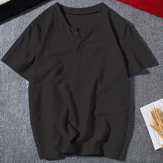 ITSAME Men's Short Sleeve T-Shirt, Loose Breathable V Neck Cotton Linen Summer 2025 Casual Beach Tee Black 2XL