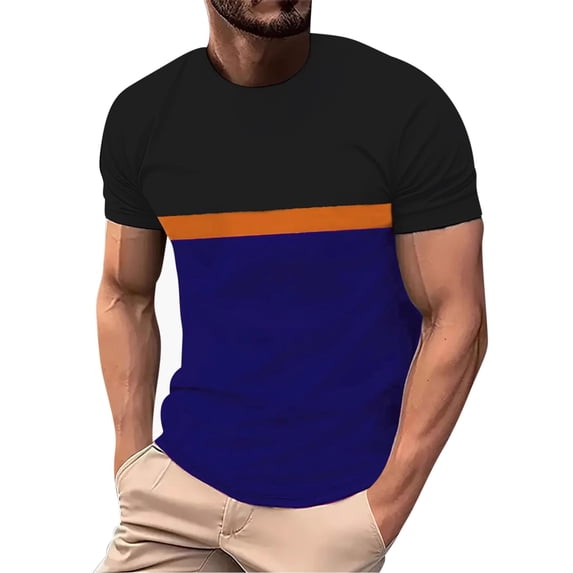 ITSAME Men's Short Sleeve T-Shirt, Trendy Color Block Classic Fit Crew Neck Summer 2025 Casual Tee Blue XL