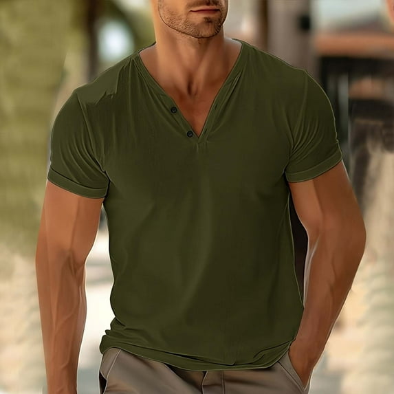 ITSAME Men's Short Sleeve T-Shirt, V Neck Loose Cotton Solid Color Summer Casual Beach Tee Army Green 3XL