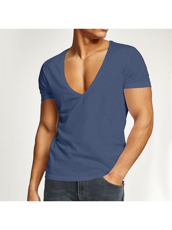 Men's Short Sleeve Tee, High Elastic Quick Drying Deep V Neck Summer 2025 Casual Gym T-Shirt Navy L