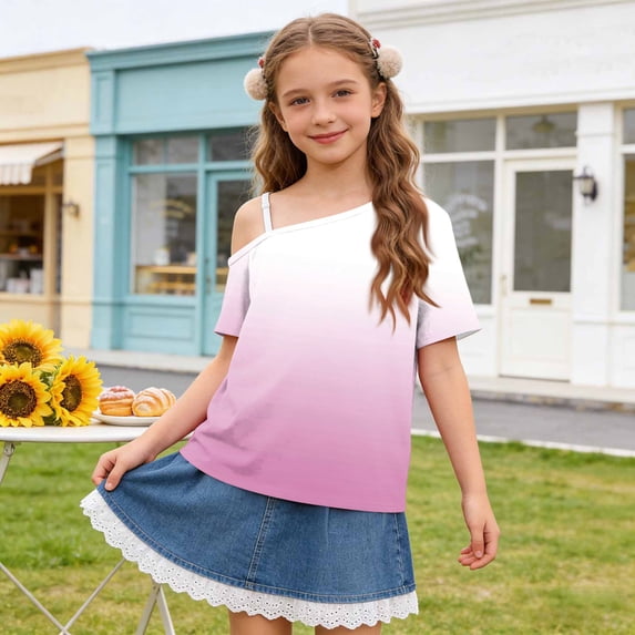 ITSAME One Shoulder T-Shirts for Girls Short Sleeve Tops Gradient Print Summer Loose Casual Tees Pink Size 9