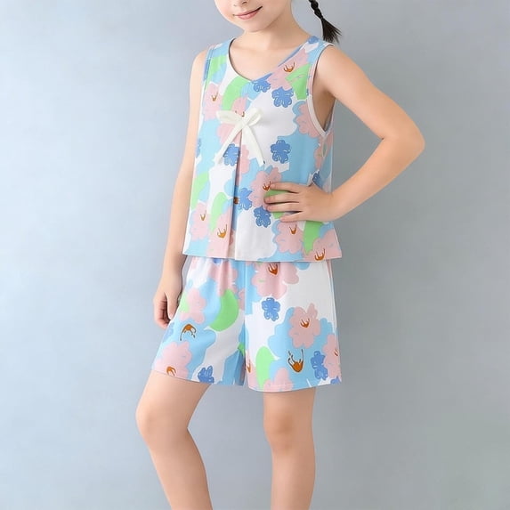 ITSAME Outfit Set for Girls, Cotton Sleeveless Tank Top and Shorts 2-Piece Summer Thin Comfortable Loungewear Set Sky Blue 2-3T