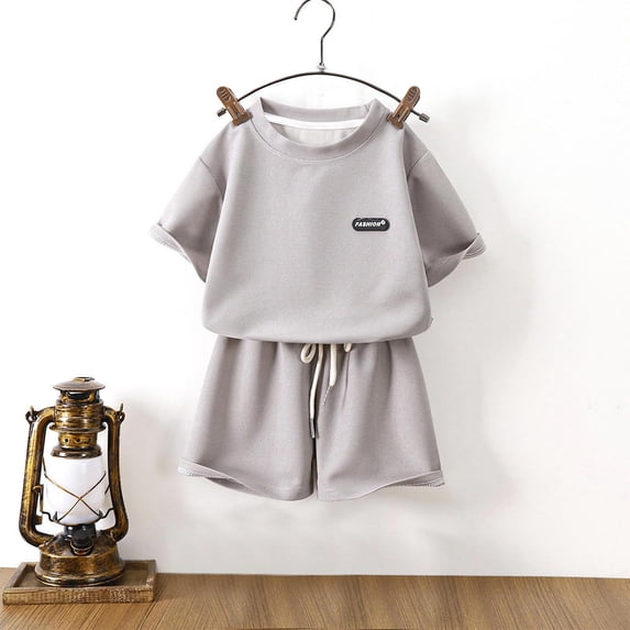 ITSAME Outfit Sets for Girls, Round Neck Short Sleeve Top and Shorts Loose Fit Summer Casual Active Sets 2-Piece Gray 6M