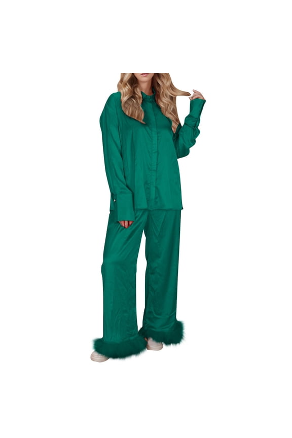 Pajama Sets for Womens, Long Sleeved Tops Fashion Feather Pants Casual Home Clothes 2-Piece Green 2XL