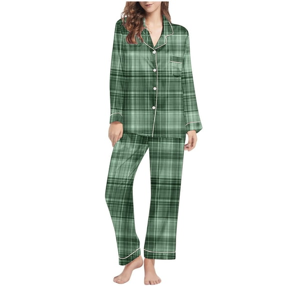 ITSAME Pajama Sets for Womens, Plaid Buttons Notch Collar Tops Stretch Pants Casual Home Clothes 2-Piece Green S