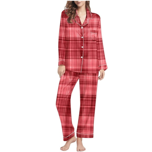 ITSAME Pajama Sets for Womens, Plaid Buttons Notch Collar Tops Stretch Pants Casual Home Clothes 2-Piece Wine 2XL