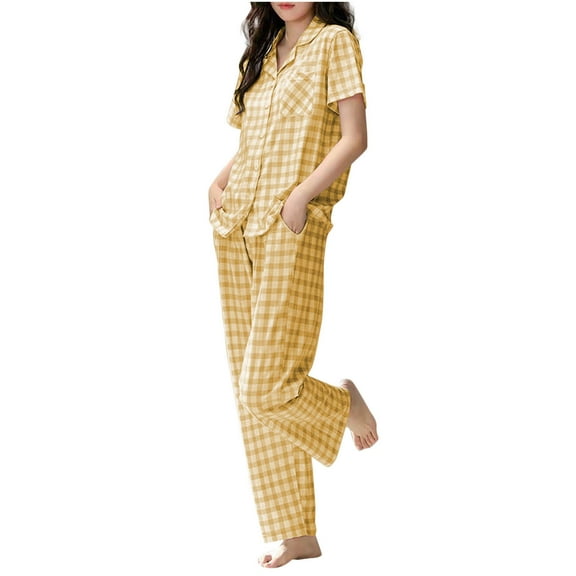 ITSAME Pajama Sets for Womens, Plaid Long Sleeve Notch Collar Tops Stretch Trousers Casual Cotton Loungewear 2-Piece Yellow M
