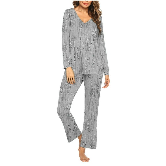 ITSAME Pajama Sets for Womens, Retro Floral Long Sleeve Tops Fit Pants Casual Home Clothes 2-Piece Gray 2XL