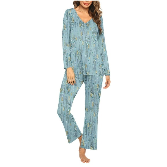 ITSAME Pajama Sets for Womens, Retro Floral Long Sleeve Tops Fit Pants Casual Home Clothes 2-Piece Mint Green L