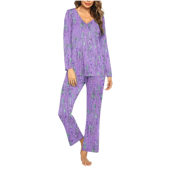 ITSAME Pajama Sets for Womens, Retro Floral Long Sleeve Tops Fit Pants Casual Home Clothes 2-Piece Purple S