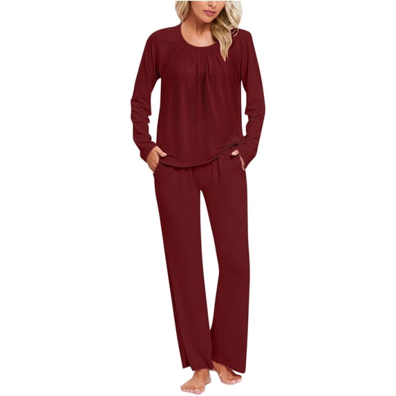 ITSAME Pajama Sets for Womens, Solid Color Long Sleeve Tops Pants with Pockets Casual Home Clothes 2-Piece Wine S
