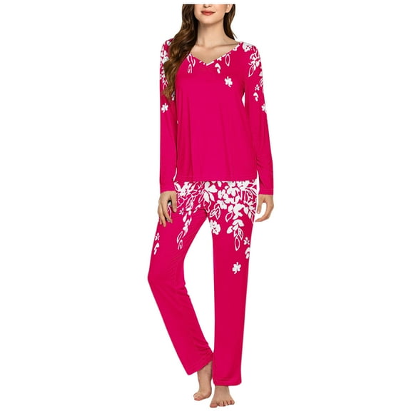 ITSAME Pajama Sets for Womens, V Neck Long Sleeve Tops Elastic Waist Pants Floral Casual Loungewear 2-Piece Hot Pink XL