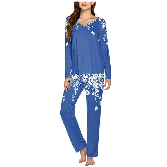 ITSAME Pajama Sets for Womens, V Neck Long Sleeve Tops Elastic Waist Pants Floral Casual Loungewear 2-Piece Light Blue 2XL