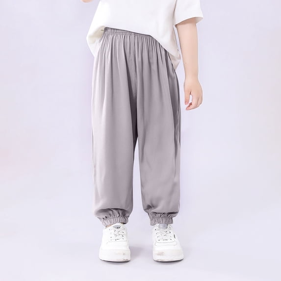 ITSAME Pants for Boys Girls, Casual Sport Ice Silk Elastic Waist Tapered Pants Gray 2-3T