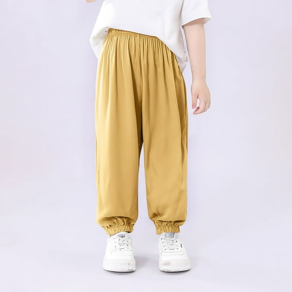 ITSAME Pants for Boys Girls, Elastic Waist Casual Sport Ice Silk Tapered Pants Yellow 4-5T