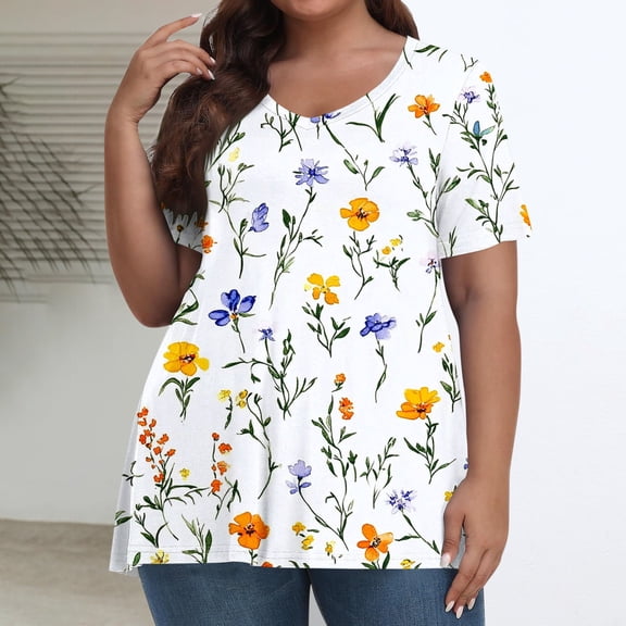 ITSAME Plus Size Blouses for Womens, V Neck Short Sleeve Floral Prints Summer Loose Casual Tops White XL