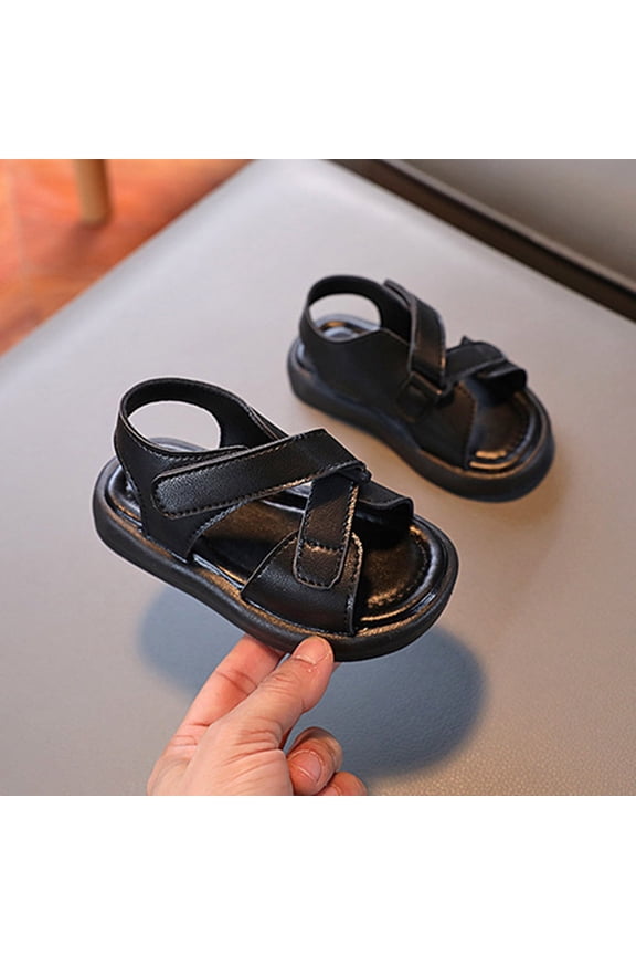 Sandals for Boys, Adjustable Strap Soft Thick Sole Open Toe Summer Casual Comfortable Beach Sandals Black 13(Little Kids)