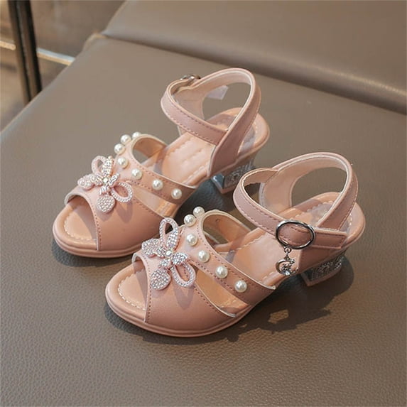 ITSAME Sandals for Girls, Low Block Heel Adjustable Strap Glitter Pearl Kids Fashion Princess Sandals Pink 12M(Little Kids)