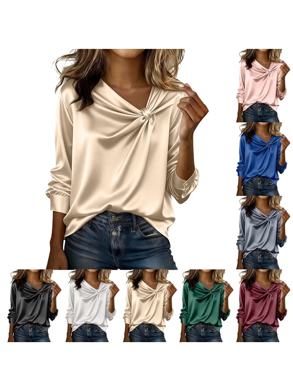 Satin Blouses for Women Silky Long Sleeve Shirt Loose Fit Ladies Fashion Casual Tops Black Size XL