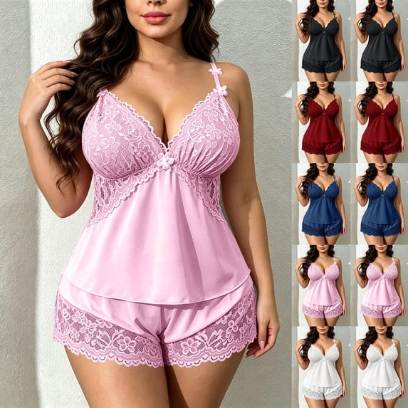 ITSAME Satin Pajamas Set for Women Deep V-Neck Lace Camisole and Shorts 2-Piece Casual Comfy Loungewear Black Size 3XL