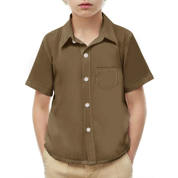 ITSAME School Uniform Shirt for Boys Girls, Button Down Short Sleeve With Pocket Kids Fashion Casual Top Brown 6T