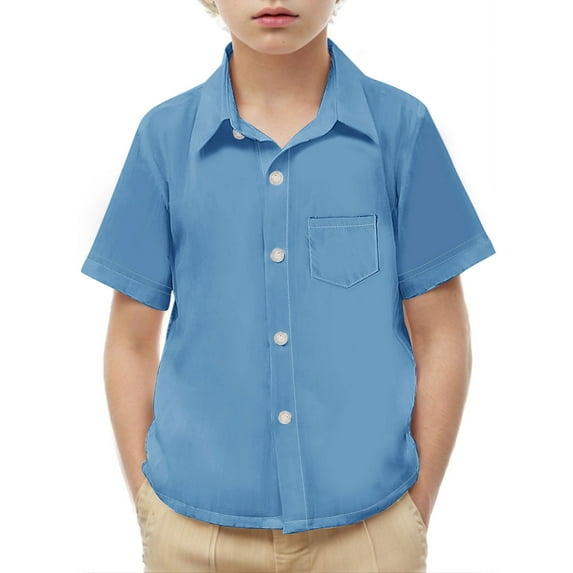 ITSAME School Uniform Shirt for Boys Girls, Button Down Short Sleeve With Pocket Kids Fashion Casual Top Light Blue 6T