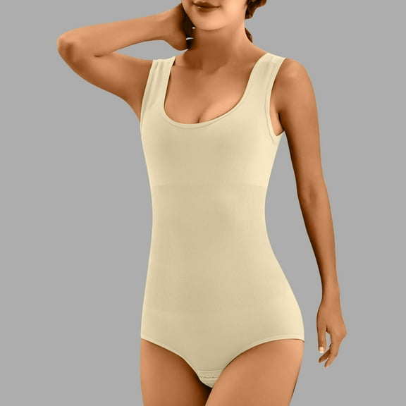 ITSAME Shapewear Bodysuit for Womens, Tight Fit Sleeveless Buckle Adjustable Tummy Control Jumpuit Beige 2XL
