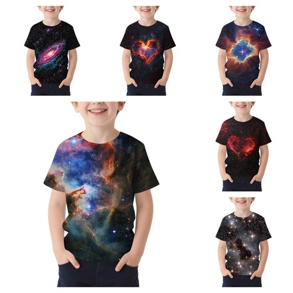 ITSAME Shirts for Boys(3-15T), Crewneck Short Sleeve Starry Sky Print Summer Kids Fashion Casual Tops Multicolor
