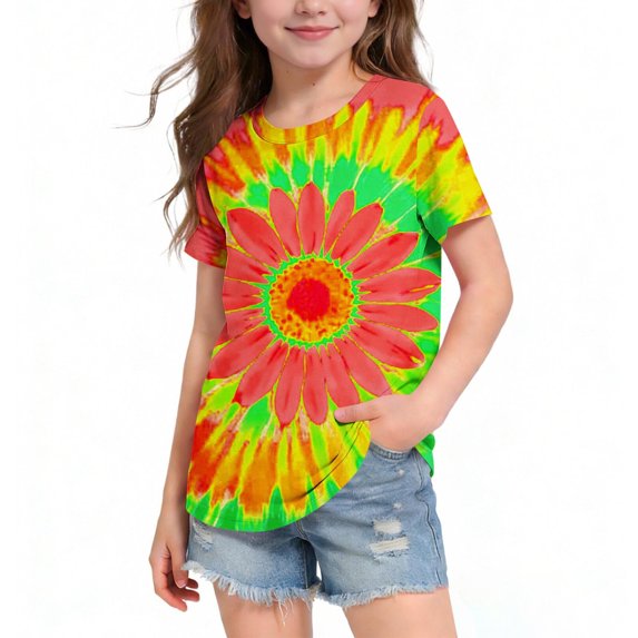 ITSAME Shirts for Girls, Short Sleeve Floral Print Crewneck Summer Kids Casual Fashion Tops Red 5-6T
