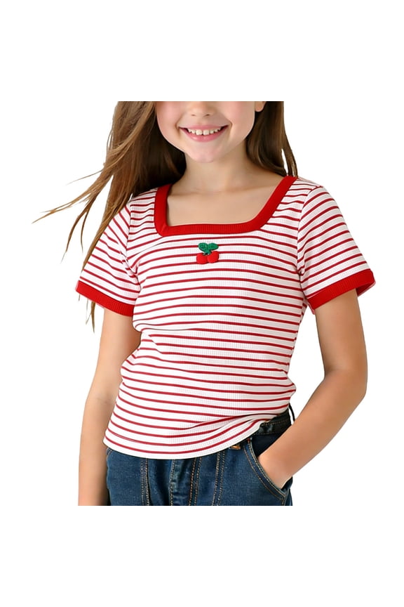 Shirts for Girls, Square Neck Stretchy Slim Knitted Cotton Spring Summer Kids Trendy Casual Tops Red 6-7T
