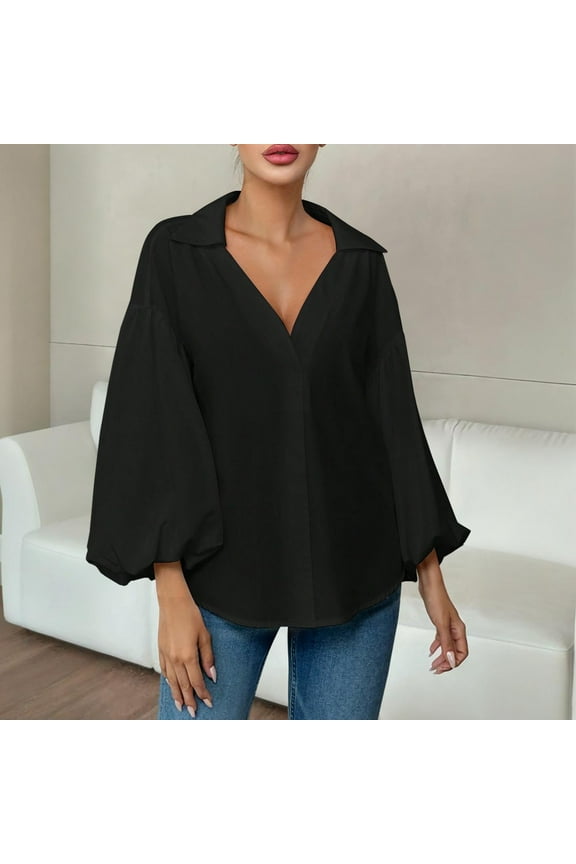 Shirts for Womens, Soft Loose Tops Bubble Pleated Long Sleeve V Neck Dressy Work Blouse Black XL