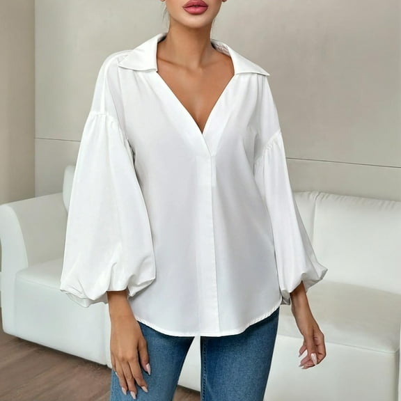 ITSAME Shirts for Womens, Soft Loose Tops Bubble Pleated Long Sleeve V Neck Dressy Work Blouse White L
