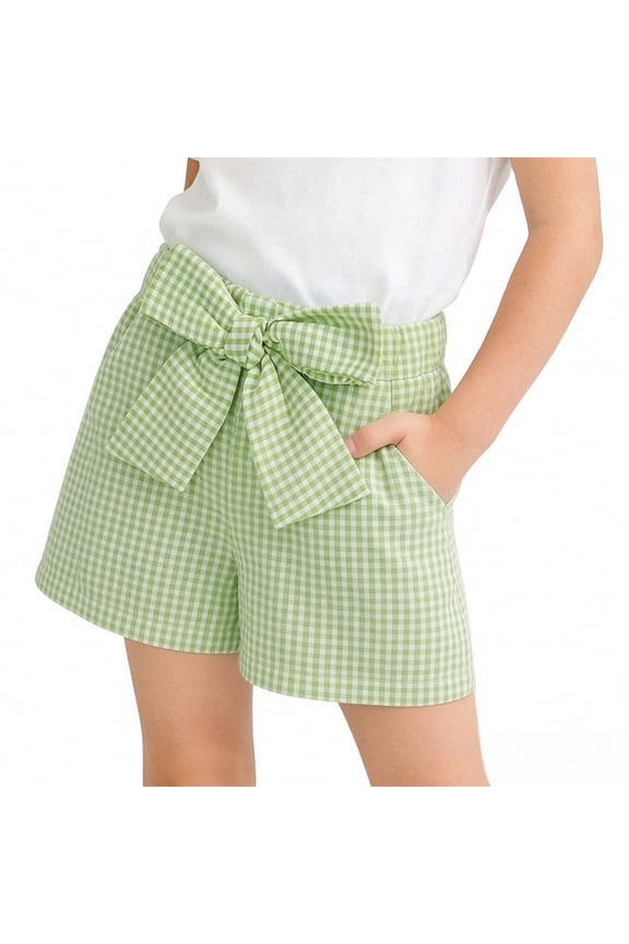 Shorts for Toddler Girls, Cute Bow Plaid Print Elastic Waist Summer Fashion Casual Shorts Green Size 3-4