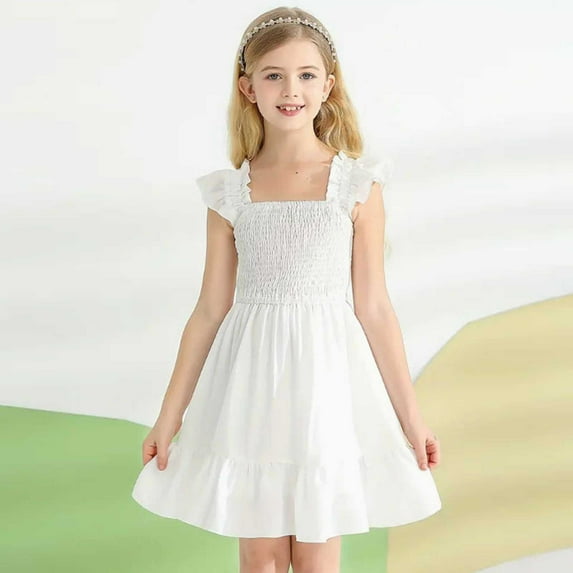 ITSAME Sleeveless Dresses for Girls, Square Neck Pleated Backless Spring Summer Casual Dresses White 6-7T