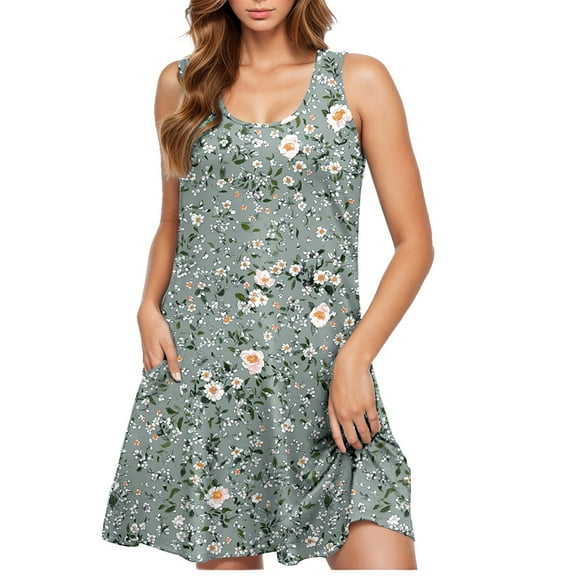 ITSAME Summer Dress for Womens, Crewneck Floral Sleeveless Flowy Beach Sundress Multicolor L