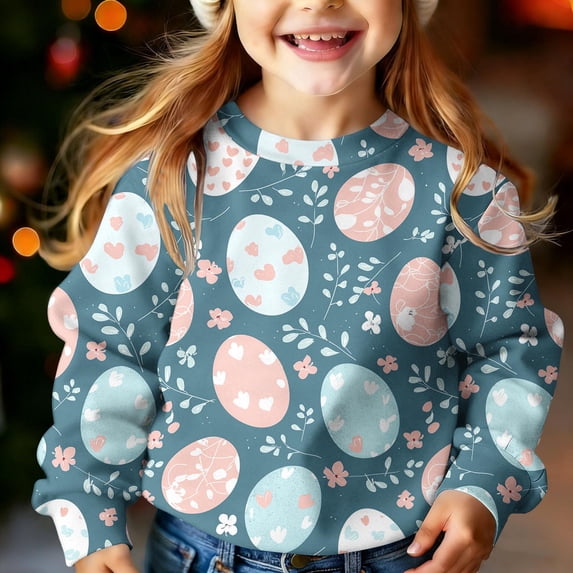 ITSAME Sweatshirt for Girls, Long Sleeve Easter Egg Print Crewneck Kids Casual Fashion Pullover Tops Multicolor 5-6T