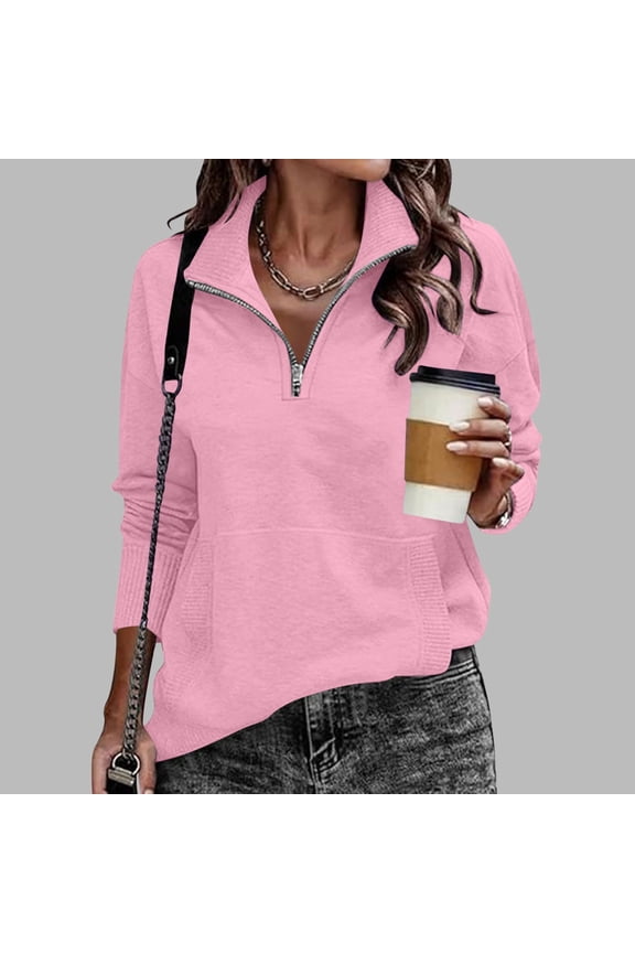 Sweatshirt for Womens, Casual Loose Fit Long Sleeve Zipper Collar Fall Fashion Pullover Tops Pink M