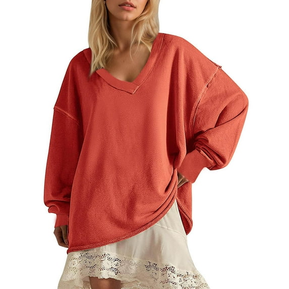 ITSAME Sweatshirt for Womens, Long Sleeve Loose V Neck Oversized Loose Fall Pullover Fashion Tops Red S