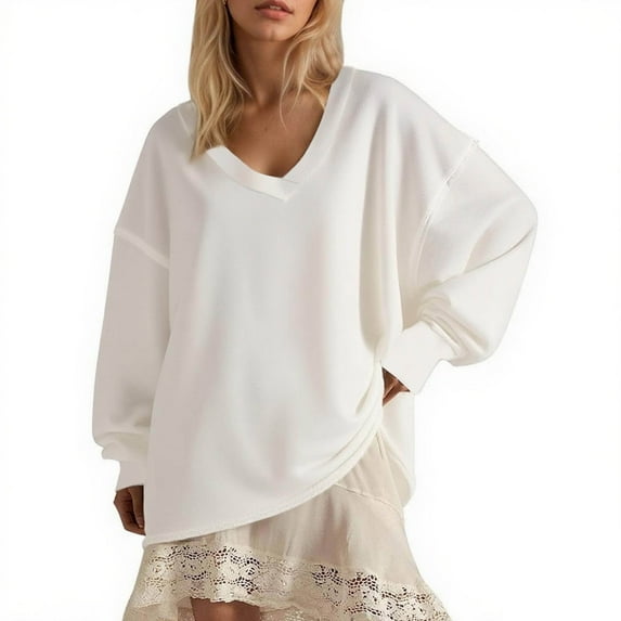 ITSAME Sweatshirt for Womens, Oversized Loose Loose V Neck Long Sleeve Fall Pullover Fashion Tops White XL
