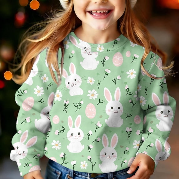 ITSAME Sweatshirts for Girls, Loose Fit Easter Bunny Print Round Neck Kids Fashion Casual Tops Multicolor 3-4T